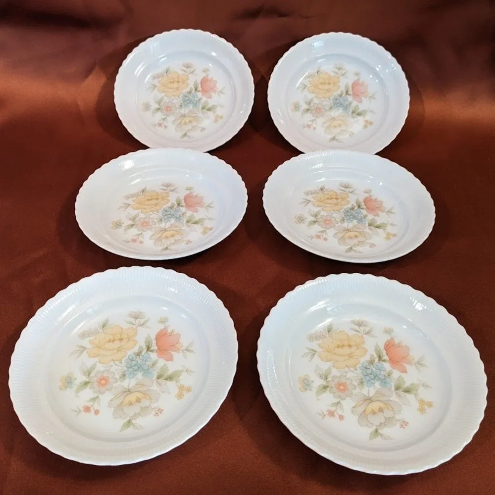 Vintage Ichiyama Toen Japan Floral Porcelain Dessert Plates Set of 6 Ribbed Edge - Picture 2 of 9